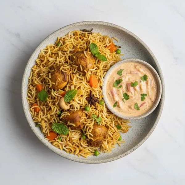 Ambur Chicken Biryani with Dahi Tomato Chutney